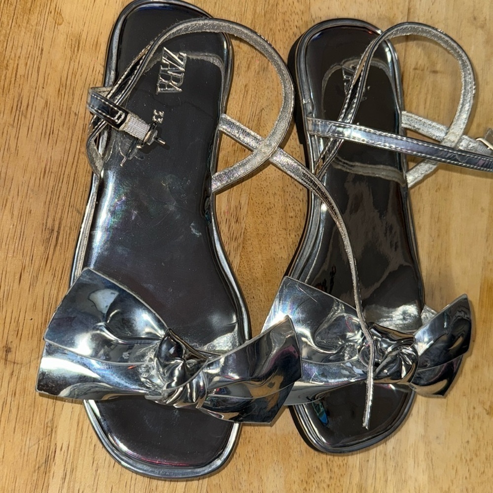 Zara Silver Bow Slides flat sandals